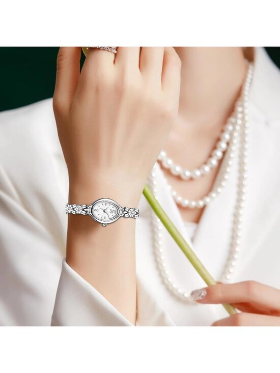 Women\'s Silver White Vintage Bracelet Elegant Jade Oval Dial Quartz Wrist Watch